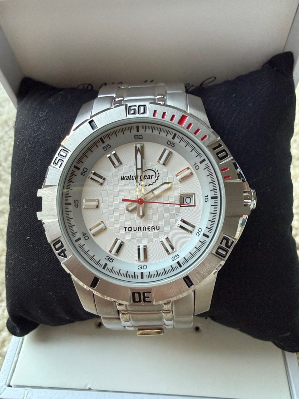 Tourneau Silver Watch with White Dial and Red Second Hand